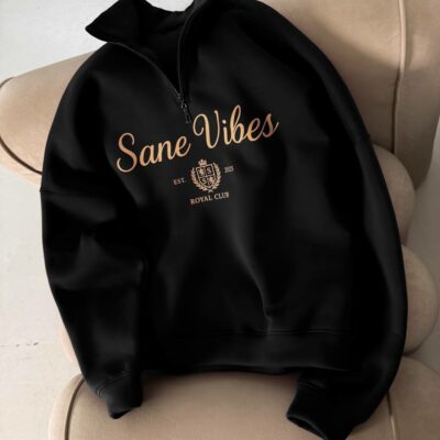 Мужская Черная Кофта "Sane Vibes" с Коротким Замком под Горло - Теплая с Начесом