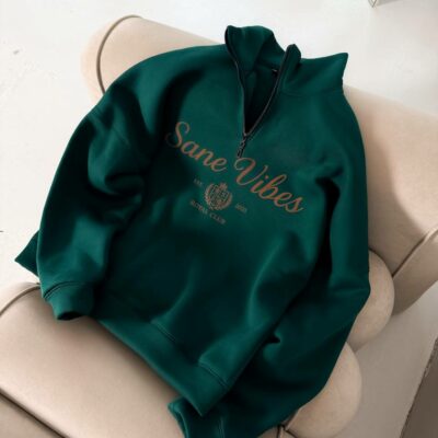 Мужская Зеленая Кофта “Sane Vibes” с Коротким Замком под Горло – Теплая с Начесом