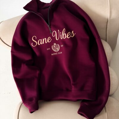 Мужская Бордовая Кофта “Sane Vibes” с Коротким Замком под Горло – Теплая с Начесом