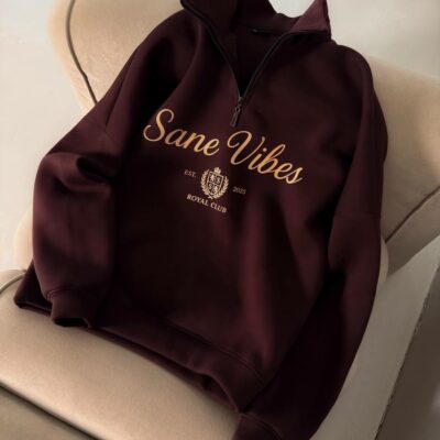 Мужская Коричневая Кофта “Sane Vibes” с Коротким Замком под Горло – Теплая с Начесом