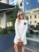 Женский Молочный Костюм Двойка - Оверсайз Кофта с Мишкой + Юбка Плиссе Мини