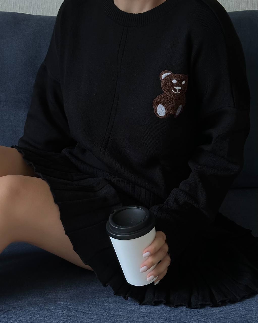 photo_2025-11-22_09-29-55 Женский Черный Костюм Двойка - Оверсайз Кофта с Мишкой + Юбка Плиссе Мини