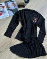 Женский Черный Костюм Двойка - Оверсайз Кофта с Мишкой + Юбка Плиссе Мини