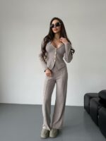 Женский Трикотажный Бежевый Костюм - Приталенный Кардиган + Штаны Прямого Кроя
