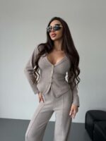 Женский Трикотажный Бежевый Костюм - Приталенный Кардиган + Штаны Прямого Кроя