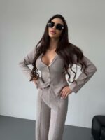 Женский Трикотажный Бежевый Костюм - Приталенный Кардиган + Штаны Прямого Кроя