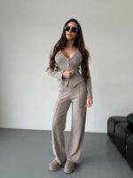 Женский Трикотажный Бежевый Костюм - Приталенный Кардиган + Штаны Прямого Кроя