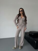 Женский Трикотажный Бежевый Костюм - Приталенный Кардиган + Штаны Прямого Кроя
