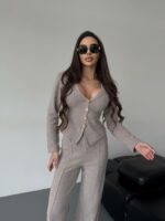 Женский Трикотажный Бежевый Костюм - Приталенный Кардиган + Штаны Прямого Кроя
