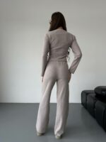 Женский Трикотажный Бежевый Костюм - Приталенный Кардиган + Штаны Прямого Кроя
