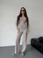 Женский Трикотажный Бежевый Костюм - Приталенный Кардиган + Штаны Прямого Кроя