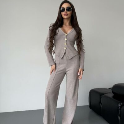 Женский Трикотажный Бежевый Костюм - Приталенный Кардиган + Штаны Прямого Кроя