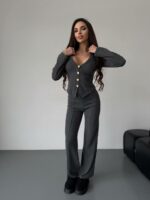 Женский Трикотажный Графитовый Костюм - Приталенный Кардиган + Штаны Прямого Кроя