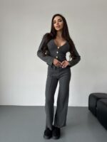 Женский Трикотажный Графитовый Костюм - Приталенный Кардиган + Штаны Прямого Кроя