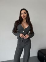 Женский Трикотажный Графитовый Костюм - Приталенный Кардиган + Штаны Прямого Кроя