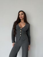 Женский Трикотажный Графитовый Костюм - Приталенный Кардиган + Штаны Прямого Кроя