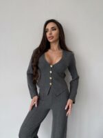 Женский Трикотажный Графитовый Костюм - Приталенный Кардиган + Штаны Прямого Кроя