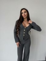 Женский Трикотажный Графитовый Костюм - Приталенный Кардиган + Штаны Прямого Кроя