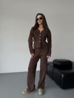 Женский Трикотажный Коричневый Костюм - Кардиган + Свободные Штаны