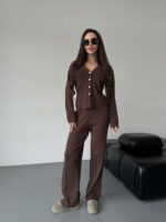 Женский Трикотажный Коричневый Костюм - Кардиган + Свободные Штаны