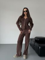 Женский Трикотажный Коричневый Костюм - Кардиган + Свободные Штаны