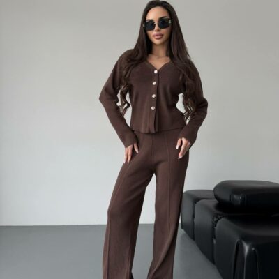 Женский Трикотажный Коричневый Костюм - Кардиган + Свободные Штаны
