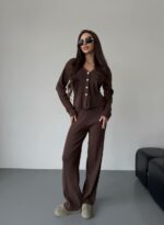 Женский Трикотажный Коричневый Костюм - Кардиган + Свободные Штаны