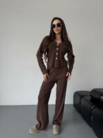 Женский Трикотажный Коричневый Костюм - Кардиган + Свободные Штаны