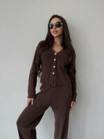 Женский Трикотажный Коричневый Костюм - Кардиган + Свободные Штаны