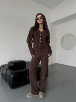 Женский Трикотажный Коричневый Костюм - Кардиган + Свободные Штаны