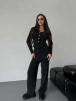 Женский Трикотажный Антрацитовый Костюм - Кардиган + Свободные Штаны