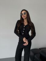 Женский Трикотажный Антрацитовый Костюм - Кардиган + Свободные Штаны