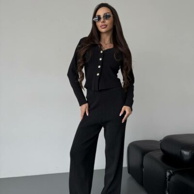 Женский Трикотажный Антрацитовый Костюм - Кардиган + Свободные Штаны