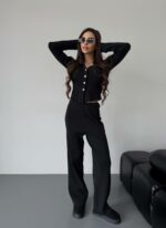 Женский Трикотажный Антрацитовый Костюм - Кардиган + Свободные Штаны