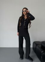 Женский Трикотажный Антрацитовый Костюм - Кардиган + Свободные Штаны