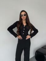 Женский Трикотажный Антрацитовый Костюм - Кардиган + Свободные Штаны