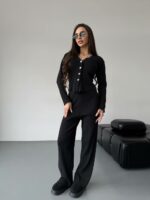 Женский Трикотажный Антрацитовый Костюм - Кардиган + Свободные Штаны