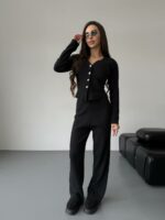 Женский Трикотажный Антрацитовый Костюм - Кардиган + Свободные Штаны