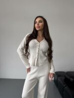 Женский Трикотажный Молочный Костюм - Кардиган + Свободные Штаны
