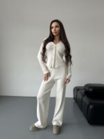Женский Трикотажный Молочный Костюм - Кардиган + Свободные Штаны