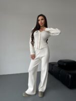 Женский Трикотажный Молочный Костюм - Кардиган + Свободные Штаны