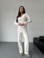 Женский Трикотажный Молочный Костюм - Кардиган + Свободные Штаны