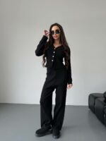 Женский Трикотажный Черный Костюм - Кардиган + Свободные Штаны