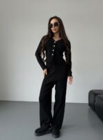Женский Трикотажный Черный Костюм - Кардиган + Свободные Штаны