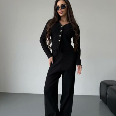 Женский Трикотажный Черный Костюм - Кардиган + Свободные Штаны