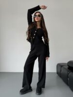 Женский Трикотажный Черный Костюм - Кардиган + Свободные Штаны