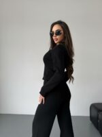 Женский Трикотажный Черный Костюм - Кардиган + Свободные Штаны