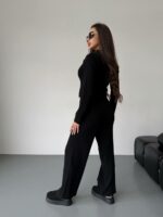Женский Трикотажный Черный Костюм - Кардиган + Свободные Штаны