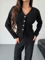 Женский Трикотажный Черный Костюм - Кардиган + Свободные Штаны