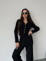 Женский Трикотажный Черный Костюм - Кардиган + Свободные Штаны